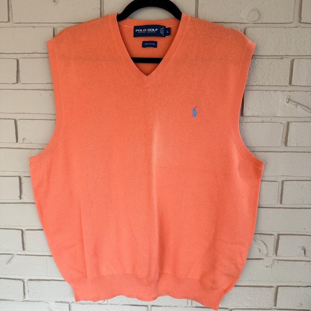 Polo Ralph Lauren Sweater Vest Mens L Orange V Neck Pima Cotton Pony Logo 90's